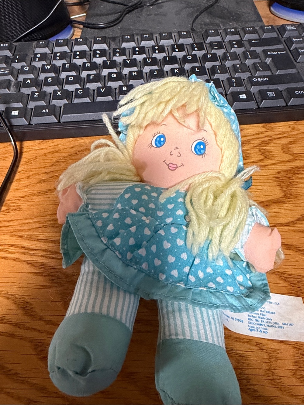 Blue Heart-Print Plush vintage  Rag Doll for Kids - Soft Cuddly Toy